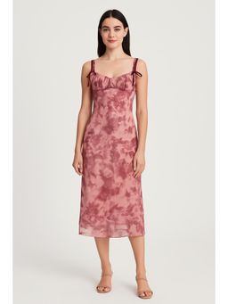 Cider - Pink Mesh Sweetheart Neck Floral Bowknot Midi Dress