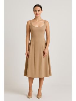 Cider - Khaki Woven Square Neck Solid Midi Dress
