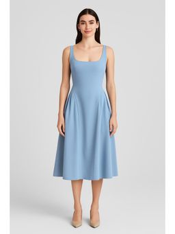 Cider - Blue Woven Square Neck Solid Midi Dress