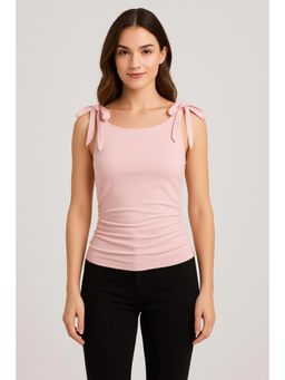 Cider - Pink Jersey Boat Neck Solid Bowknot Ruched Crop Top