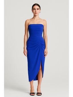 Cider - Blue Ruched Asymmetrical Tube Midi Dress