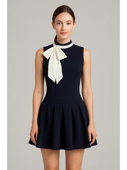 Cider - Black Stand Collar Solid Bowknot Pleated Mini Dress