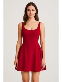 Cider - Red Square Neck Solid Pleated Cami Mini Dress