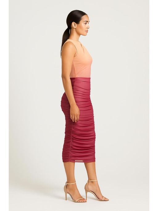 Buy Cider Pink Mesh Round Neck Gradient Ruched Drawstring Midi Dress (S) Online Buy Cider Pink Mesh Round Neck Gradient Ruched Drawstring Midi Dress (S) Online