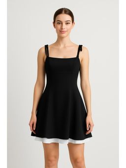 Cider - Black Square Neck Solid Bowknot Zipper Mini Dress