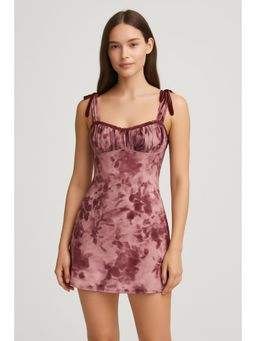 Cider - Pink Mesh Square Neck Floral Lace Trim Knotted Mini Dress