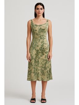 Cider - Green Scoop Neckline Floral Ruched Midi Dress
