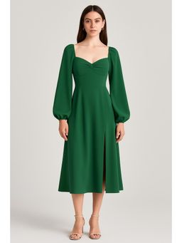 Cider - Solid Ruched Long Sleeve Split Midi Dress