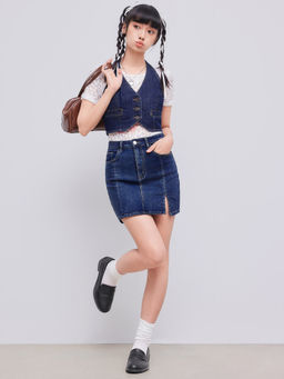 Cider - Denim Solid High Waist Split Mini Skirt