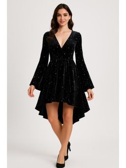 Cider - Velvet V-Neck Star & Moon Pattern Bell Sleeve Romper
