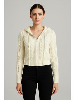 Cider - Knit Hooded Zipper Hollow Out Cardigan