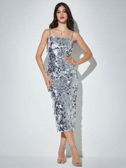 Cider - Sequin Square Neck Chain Split Midi Dress