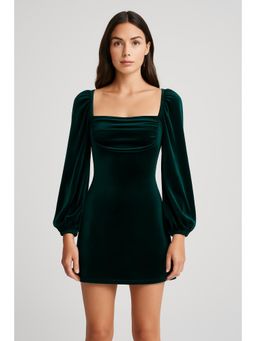 Cider - Velvet Square Neck Solid Ruched Dress