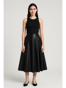 Cider - Faux Leather Middle Waist Pleated Zipper Maxi Skirt