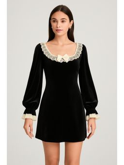 Cider - Velvet Scoop Neck Lace Bowknot Mini Dress ()