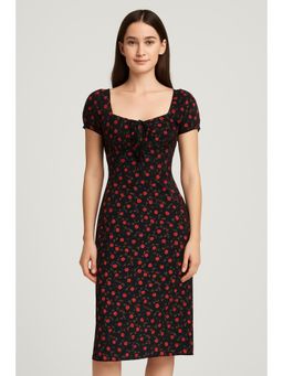 Cider - Square Neck Floral Knotted Short Sleeve Midi Dress