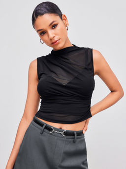 Cider - Mesh High Neck Solid Tank Top & Crop Cami Top