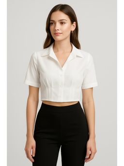 Cider - Satin Collar Solid Crop Short Sleeve Shirt