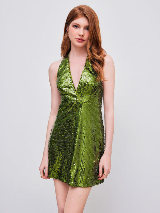 Buy Cider Sequin V-Neck Halter Knotted Mini Dress (S) Online