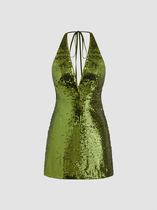 Buy Cider Sequin V-Neck Halter Knotted Mini Dress (S) Online