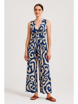 Cider - Woven V-Neck Abstract Sleeveless Wide Leg Jumpsuit