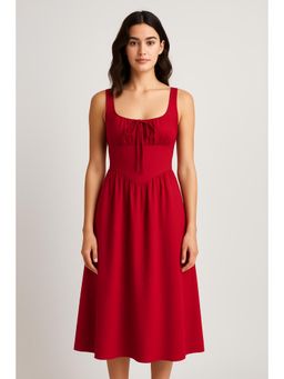 Cider - Linen-Blend Square Neck Solid Knotted Midi Dress