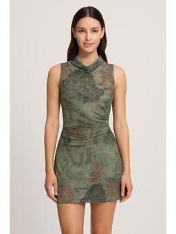 Cider - Mesh Stand Collar Floral Ruched Mini Dress ()