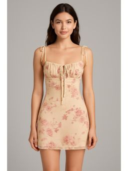 Cider - Mesh Square Neck Floral Texture Knotted Mini Dress ()
