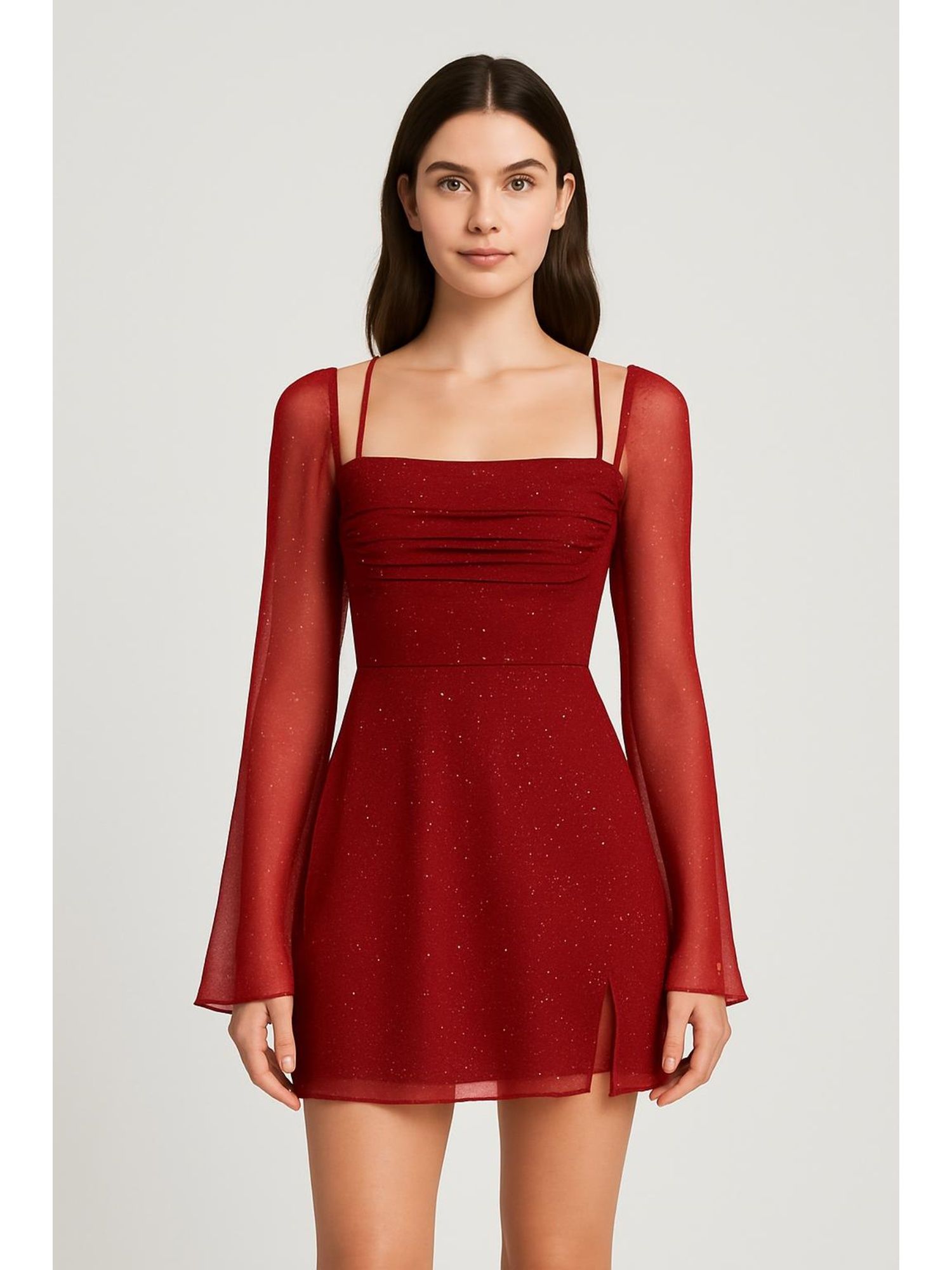 cider Square Neck Solid Glitter Knotted Mini Dress-picture-19