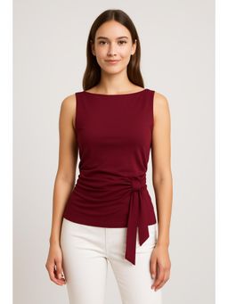 Cider - Linen-Blend Boat Neckline Solid Bowknot Tank Top