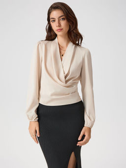 Cider - Satin V Neck Wrap Zip Long Sleeve Blouse Top