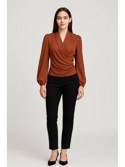 Cider - Satin V Neck Wrap Zip Long Sleeve Blouse Top