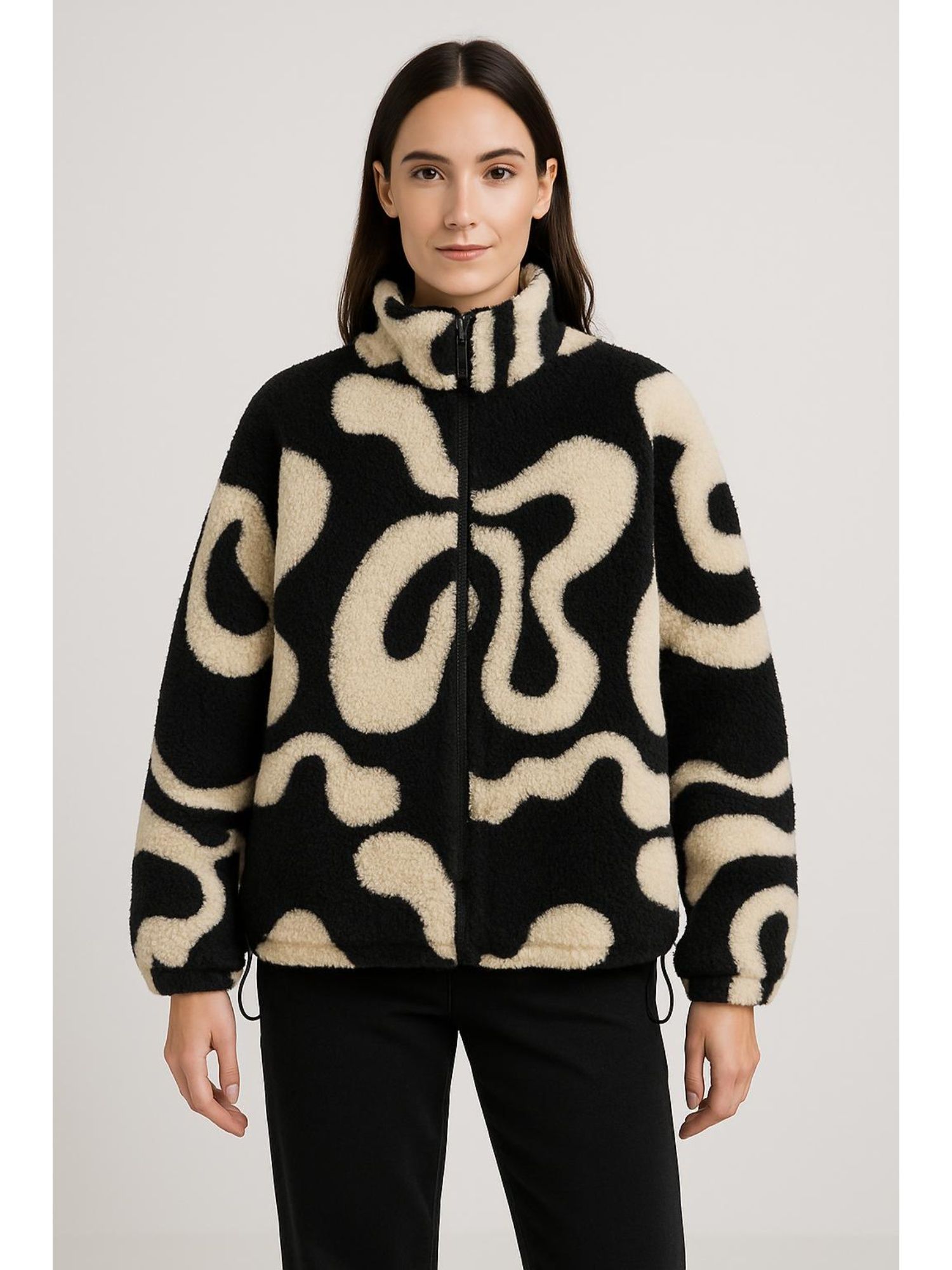 cider Fleece High Neck Abstract Zebra Stripe Drawstring Jacket-picture-13
