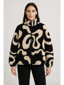 Cider - Fleece High Neck Abstract Zebra Stripe Drawstring Jacket