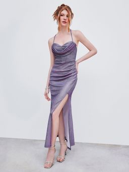Cider - Glitter Cowl Neck Criss Cross Split Maxi Dress ()