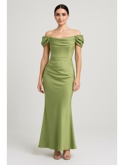 Cider - Green Ruched Off Shoulder Satin Maxi Dress