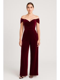 Cider - Velvet Off-shoulder Solid Ruched Jumpsuit