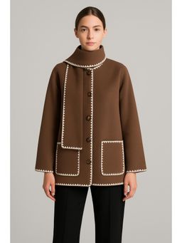 Cider - Tweed Round Neck Solid Pocket Jacket With Scarf