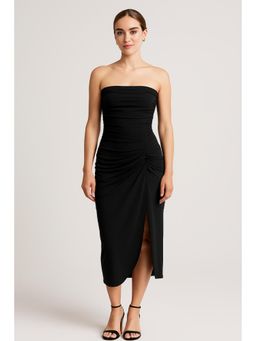 Cider - Solid Ruched Asymmetrical Tube Midi Dress