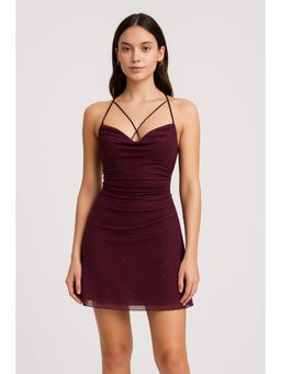 Cider - Mesh Cowl Neck Solid Sequin Mini Dress