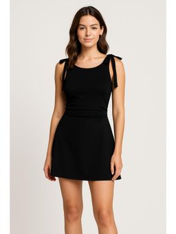 Cider - Square Neck Solid Bowknot Mini Dress