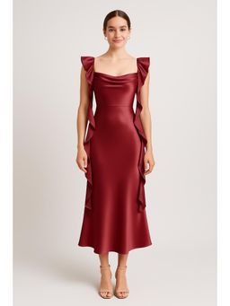 Cider - Satin Cowl Neck Solid Ruffle Hem Maxi Dress