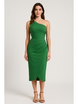 Cider - Linen-blend Asymmetrical Neck Solid Cut Out Ruched Midi Dress