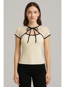 Cider - Round Neckline Floral Contrasting Binding Cut Out Knotted Short Sleeve Top