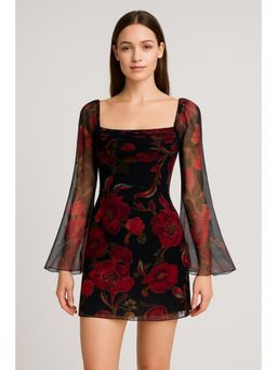 Cider - Square Neck Floral Lettuce Trim Ruched Mini Dress