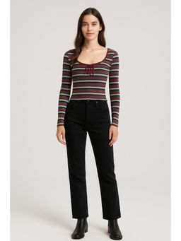 Cider - Cotton-blend Square Neck Striped Lace Up Knotted Long Sleeve Tee