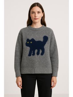 Cider - Wool-blend Round Neckline Cat Knitted Long Sleeve Sweater