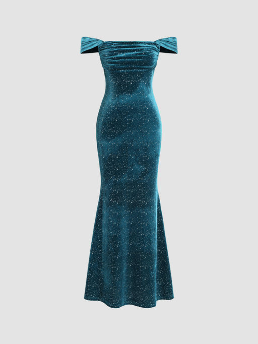 Buy Cider Velvet Off-shoulder Star Ruched Maxi Dress (S) Online