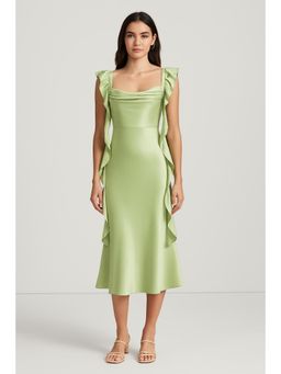 Cider - Satin Cowl Neck Solid Ruffle Hem Midi Dress