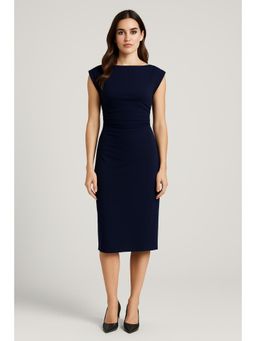 Cider - Boat Neck Solid Ruched Midi Dress